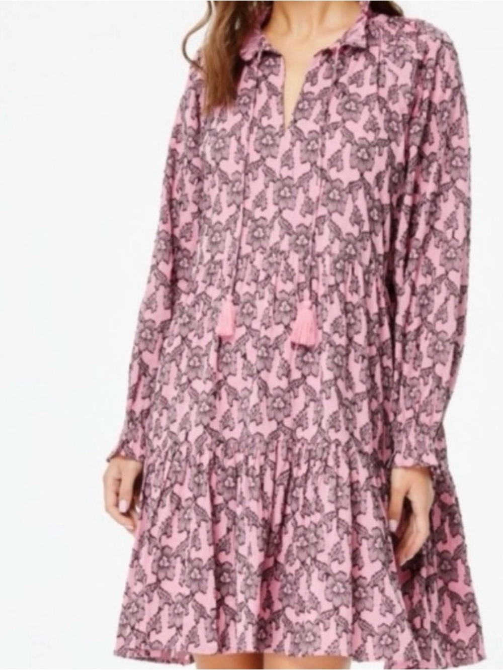 Roller Rabbit Pink Floral Tiered V-Neck Long Sleeve Dress - Picture 3 of 10